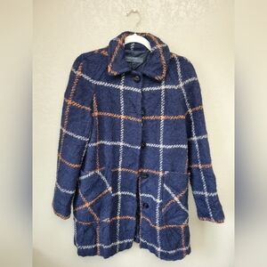 Zara Basic Outwear Department Navy and Orange Plaid Teddy Jacket. Made In Moroco